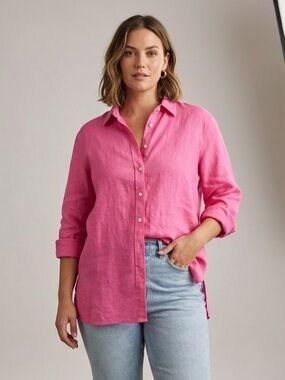 Holt Renfrew Sport 100% Linen hot Barbie pink button-down blouse, women's size M